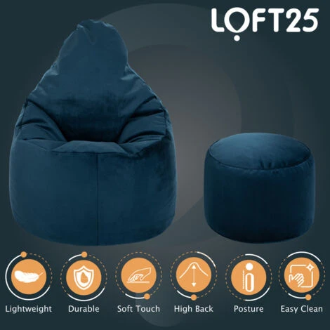 Loft 25 Adult Highback Soft Velvet Bean Bag Chair Indoor Living Room Gaming Beanbag Lounger And Footstool Pacific 7 Loft 25 Adult Highback Soft Velvet Bean Bag Chair Indoor Living Room Gaming Beanbag Lounger And Footstool Pacific - Image 5