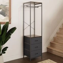Urban Design Tall Hallway Coat Rack In Black Metal 3 Grey Linen Fabric Drawers. -Living Room Furniture Store 53823560 4