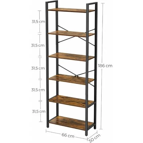 Songmics VASAGLE Bookshelf, 6-Tier Shelving Unit With Steel Frame, Tall Rustic Shelves For Living Room, Office, Study, Hallway, Industrial Style, 66 X 30 X 186 Cm, Rustic Brown And Black LLS062B01 7 Songmics VASAGLE Bookshelf, 6-Tier Shelving Unit With Steel Frame, Tall Rustic Shelves For Living Room, Office, Study, Hallway, Industrial Style, 66 X 30 X 186 Cm, Rustic Brown And Black LLS062B01 - Image 5