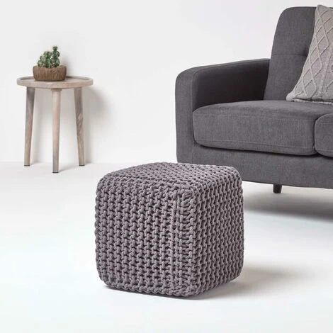 HOMESCAPES Dark Grey Cube Cotton Knitted Pouffe Footstool 4 HOMESCAPES Dark Grey Cube Cotton Knitted Pouffe Footstool - Image 2