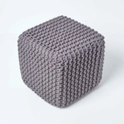 HOMESCAPES Dark Grey Cube Cotton Knitted Pouffe Footstool 9 HOMESCAPES Dark Grey Cube Cotton Knitted Pouffe Footstool -Living Room Furniture Store 54654664 3