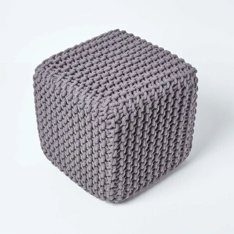 HOMESCAPES Dark Grey Cube Cotton Knitted Pouffe Footstool 5 HOMESCAPES Dark Grey Cube Cotton Knitted Pouffe Footstool - Image 3