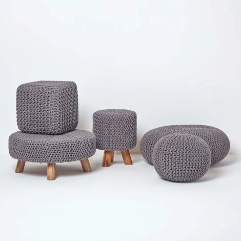 HOMESCAPES Dark Grey Cube Cotton Knitted Pouffe Footstool 7 HOMESCAPES Dark Grey Cube Cotton Knitted Pouffe Footstool - Image 5