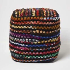 HOMESCAPES Multi Coloured Folk Woven Bean Filled Pouffe Square 40 X 40 Cm