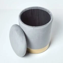 HOMESCAPES Clarence Velvet Footstool With Storage, Silver Grey 9 HOMESCAPES Clarence Velvet Footstool With Storage, Silver Grey -Living Room Furniture Store 54654775 3