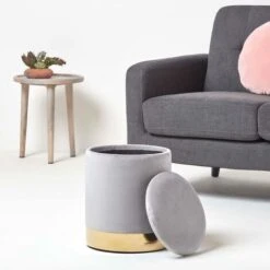 HOMESCAPES Clarence Velvet Footstool With Storage, Silver Grey 10 HOMESCAPES Clarence Velvet Footstool With Storage, Silver Grey -Living Room Furniture Store 54654775 4