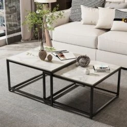 2 Modern Vein Coffee Nesting Table Set Side End Table Anti Scratch Marble Square For Living Room Bedroom Office, White