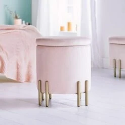 BTFY Pink Velvet Storage Stool – Round Footstool Pouffe, Vanity Seat With Lid And Gold Legs, Upholstered & Cushioned Footrest Ottoman For Dressing Table, Bedroom, Living Room, Fitting Room, Office