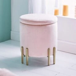 BTFY Pink Velvet Storage Stool – Round Footstool Pouffe, Vanity Seat With Lid And Gold Legs, Upholstered & Cushioned Footrest Ottoman For Dressing Table, Bedroom, Living Room, Fitting Room, Office -Living Room Furniture Store 54924610 3
