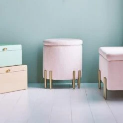 BTFY Pink Velvet Storage Stool – Round Footstool Pouffe, Vanity Seat With Lid And Gold Legs, Upholstered & Cushioned Footrest Ottoman For Dressing Table, Bedroom, Living Room, Fitting Room, Office -Living Room Furniture Store 54924610 5