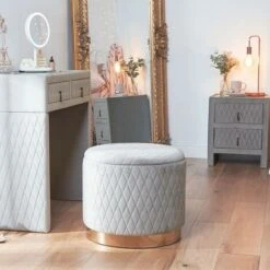 BTFY Velvet Storage Stool – Large Grey Storage Footstool With Gold Base – Round Storage Ottoman Pouffe Box With Lid – Quilted & Padded Seat For Bedroom, Dressing Table, Living Room, Home Office