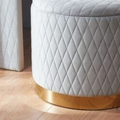 BTFY Velvet Storage Stool – Large Grey Storage Footstool With Gold Base – Round Storage Ottoman Pouffe Box With Lid – Quilted & Padded Seat For Bedroom, Dressing Table, Living Room, Home Office -Living Room Furniture Store 54924785 4