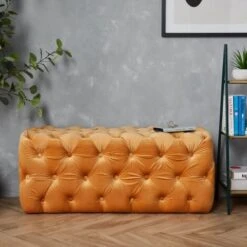 Spinningfield Yellow Velvet Button Bench - Large Tufted Mustard Gold End Of Bed Bench, Footstool Ottoman With Cushioned Fabric – Long, Wide Rectangular Luxury Pouffe For Lounge, Bedroom & Living Room -Living Room Furniture Store 54924814 3