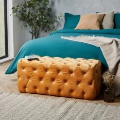 Spinningfield Yellow Velvet Button Bench - Large Tufted Mustard Gold End Of Bed Bench, Footstool Ottoman With Cushioned Fabric – Long, Wide Rectangular Luxury Pouffe For Lounge, Bedroom & Living Room -Living Room Furniture Store 54924814 4