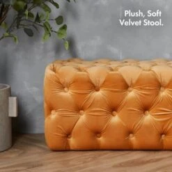 Spinningfield Yellow Velvet Button Bench - Large Tufted Mustard Gold End Of Bed Bench, Footstool Ottoman With Cushioned Fabric – Long, Wide Rectangular Luxury Pouffe For Lounge, Bedroom & Living Room -Living Room Furniture Store 54924814 5