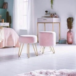 BTFY Pink Velvet Stool – Round Dressing Table Stool With Gold Hairpin Legs – Large Footstool Pouffe - Vanity Seat Chair - Cushioned & Upholstered Footrest For Bedroom, Living Room, Fitting Room -Living Room Furniture Store 54924818 4