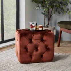 Spinningfield Velvet Clay Button Footstool - Red Tufted Stool Pouffe With Soft, Cushioned Velvet Fabric – Luxury Modern & Contemporary Chesterfield Style Ottoman For Lounge, Living Room & Bedroom -Living Room Furniture Store 54924834 2