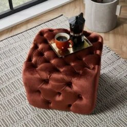 Spinningfield Velvet Clay Button Footstool - Red Tufted Stool Pouffe With Soft, Cushioned Velvet Fabric – Luxury Modern & Contemporary Chesterfield Style Ottoman For Lounge, Living Room & Bedroom -Living Room Furniture Store 54924834 4