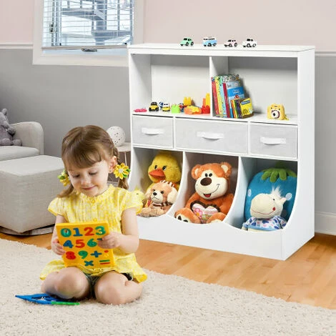 3-Tier Wooden Toy Storage Organizer Cabinet W/8 Open Cubes 3 Drawers 5 3-Tier Wooden Toy Storage Organizer Cabinet W/8 Open Cubes 3 Drawers - Image 3