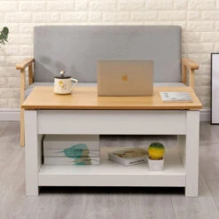 HMD FURNITURE Wooden Lift Up Top Coffee Table With 3 Hidden Storage Compartment And Bottom Storage Shelf For Living Room,White,85x50x45cm(WxDxH) -Living Room Furniture Store 57486580 3