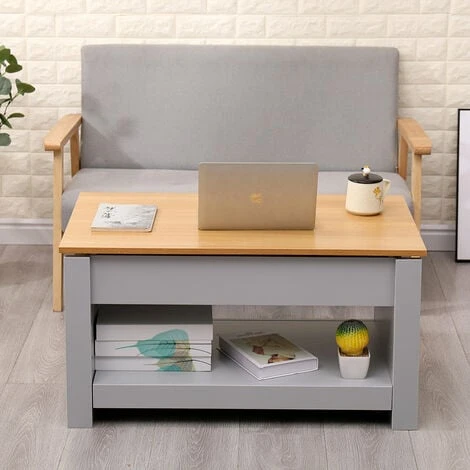HMD FURNITURE Wooden Lift Up Top Coffee Table With 3 Hidden Storage Compartment And Bottom Storage Shelf For Living Room,Grey,85x50x45cm(WxDxH) 4 HMD FURNITURE Wooden Lift Up Top Coffee Table With 3 Hidden Storage Compartment And Bottom Storage Shelf For Living Room,Grey,85x50x45cm(WxDxH) - Image 2