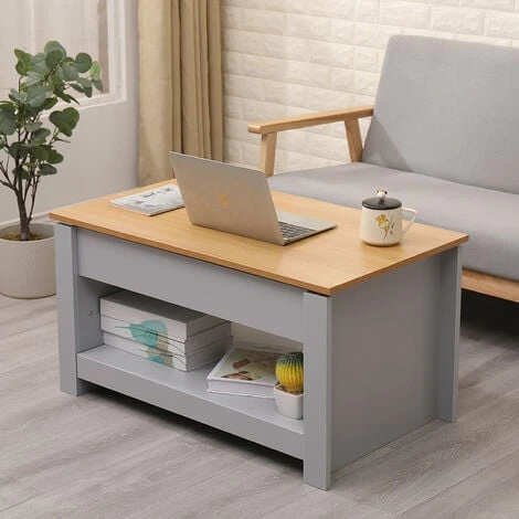 HMD FURNITURE Wooden Lift Up Top Coffee Table With 3 Hidden Storage Compartment And Bottom Storage Shelf For Living Room,Grey,85x50x45cm(WxDxH) 5 HMD FURNITURE Wooden Lift Up Top Coffee Table With 3 Hidden Storage Compartment And Bottom Storage Shelf For Living Room,Grey,85x50x45cm(WxDxH) - Image 3