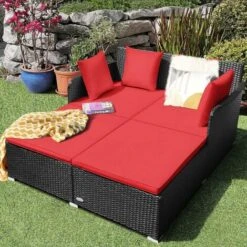 COSTWAY Outdoor Rattan Daybed, Patio Sofa Bed Sun Lounger Couch With Upholstered Cushions, Wicker Weave Loveseat Conversation Furniture Set For Garden Yard And Poolside (Red)