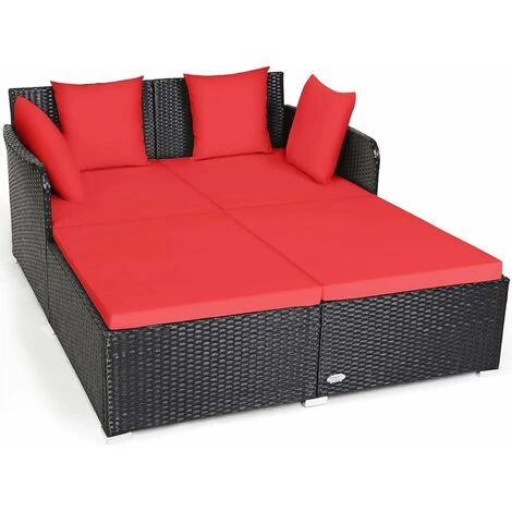 COSTWAY Outdoor Rattan Daybed, Patio Sofa Bed Sun Lounger Couch With Upholstered Cushions, Wicker Weave Loveseat Conversation Furniture Set For Garden Yard And Poolside (Red) 4 COSTWAY Outdoor Rattan Daybed, Patio Sofa Bed Sun Lounger Couch With Upholstered Cushions, Wicker Weave Loveseat Conversation Furniture Set For Garden Yard And Poolside (Red) - Image 2