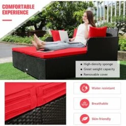 COSTWAY Outdoor Rattan Daybed, Patio Sofa Bed Sun Lounger Couch With Upholstered Cushions, Wicker Weave Loveseat Conversation Furniture Set For Garden Yard And Poolside (Red) 9 COSTWAY Outdoor Rattan Daybed, Patio Sofa Bed Sun Lounger Couch With Upholstered Cushions, Wicker Weave Loveseat Conversation Furniture Set For Garden Yard And Poolside (Red) -Living Room Furniture Store 59191357 3