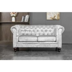 Chesterfield 2 Seater Sofa Velvet Fabric Settee Couch In Silver