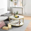 Gold Metal Frame Round Coffee Table With Imitation Wood Top And Double Shelf Space URBAN MEUBLE 8080 -Living Room Furniture Store 59475940 1