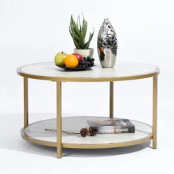 Gold Metal Frame Round Coffee Table With Imitation Wood Top And Double Shelf Space URBAN MEUBLE 8080 -Living Room Furniture Store 59475940 4