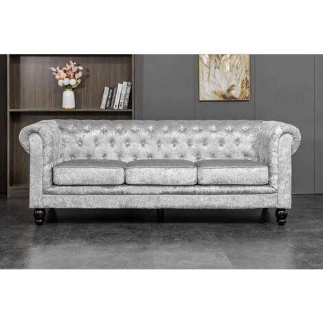 Chesterfield 3 Seater Sofa Velvet Fabric Settee Couch In Silver 3 Chesterfield 3 Seater Sofa Velvet Fabric Settee Couch In Silver