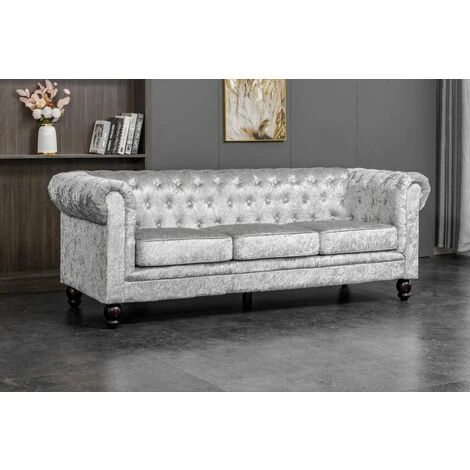 Chesterfield 3 Seater Sofa Velvet Fabric Settee Couch In Silver 4 Chesterfield 3 Seater Sofa Velvet Fabric Settee Couch In Silver - Image 2