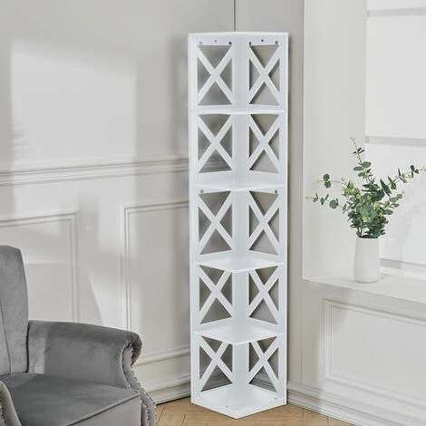 Livingandhome 5 Tier Modern Wood Corner Standing Shelf For Living Room, White 4 Livingandhome 5 Tier Modern Wood Corner Standing Shelf For Living Room, White - Image 2