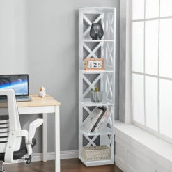 Livingandhome 5 Tier Modern Wood Corner Standing Shelf For Living Room, White 9 Livingandhome 5 Tier Modern Wood Corner Standing Shelf For Living Room, White -Living Room Furniture Store 59617446 3