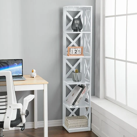 Livingandhome 5 Tier Modern Wood Corner Standing Shelf For Living Room, White 5 Livingandhome 5 Tier Modern Wood Corner Standing Shelf For Living Room, White - Image 3