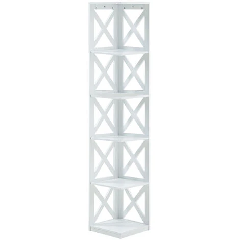 Livingandhome 5 Tier Modern Wood Corner Standing Shelf For Living Room, White 6 Livingandhome 5 Tier Modern Wood Corner Standing Shelf For Living Room, White - Image 4