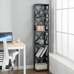 Livingandhome 5 Tier Modern Wood Corner Standing Shelf For Living Room, Black -Living Room Furniture Store 59617463 3