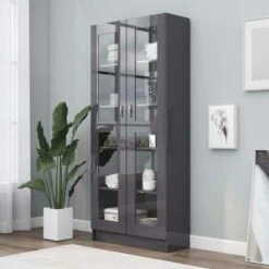 Topdeal Vitrine Cabinet High Gloss Grey 82.5x30.5x185.5 Cm Chipboard FF802776UK