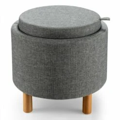 Round Storage Ottoman W/ Tray Accent Fabric Storing Footrest W/ Non-Slip Pads