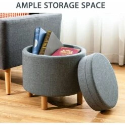 Round Storage Ottoman W/ Tray Accent Fabric Storing Footrest W/ Non-Slip Pads -Living Room Furniture Store 61210960 3