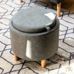 Round Storage Ottoman W/ Tray Accent Fabric Storing Footrest W/ Non-Slip Pads -Living Room Furniture Store 61210960 5