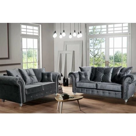 Olympia 3 & 2 Seater Plush Velvet Fabric Sofa Set - Grey 3 Olympia 3 & 2 Seater Plush Velvet Fabric Sofa Set - Grey