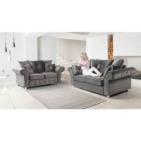 Olympia 3 & 2 Seater Plush Velvet Fabric Sofa Set - Grey 4 Olympia 3 & 2 Seater Plush Velvet Fabric Sofa Set - Grey - Image 2