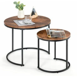 Set Of 2 Round Nesting Coffee Table Compact Stacking Side Tables Space-saving