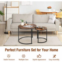 Set Of 2 Round Nesting Coffee Table Compact Stacking Side Tables Space-saving -Living Room Furniture Store 64195856 5