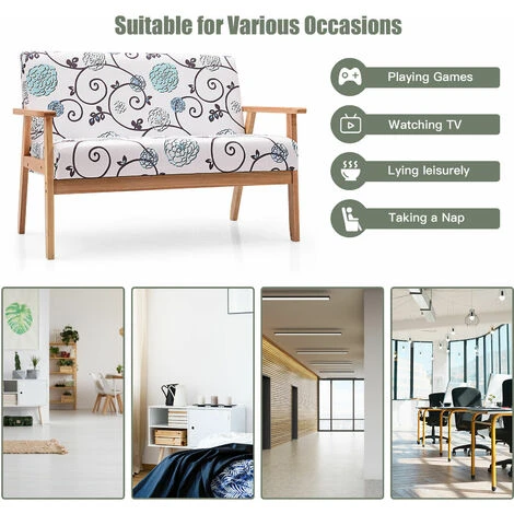 Wooden 2-Seater Loveseat Fabric Upholstered Lounge Arm Chair Sofa Chair Couch 5 Wooden 2-Seater Loveseat Fabric Upholstered Lounge Arm Chair Sofa Chair Couch - Image 3