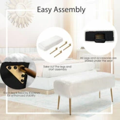 Furry Faux Fur Footrest Large Vanity Stool Chair Padded Ottoman Seat Metal Legs -Living Room Furniture Store 66022900 3