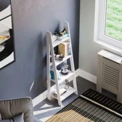 Bristol 4 Tier Ladder Shelf Storage Rack Wood Bookcase Shelving Unit Display Stand, White -Living Room Furniture Store 66167908 4